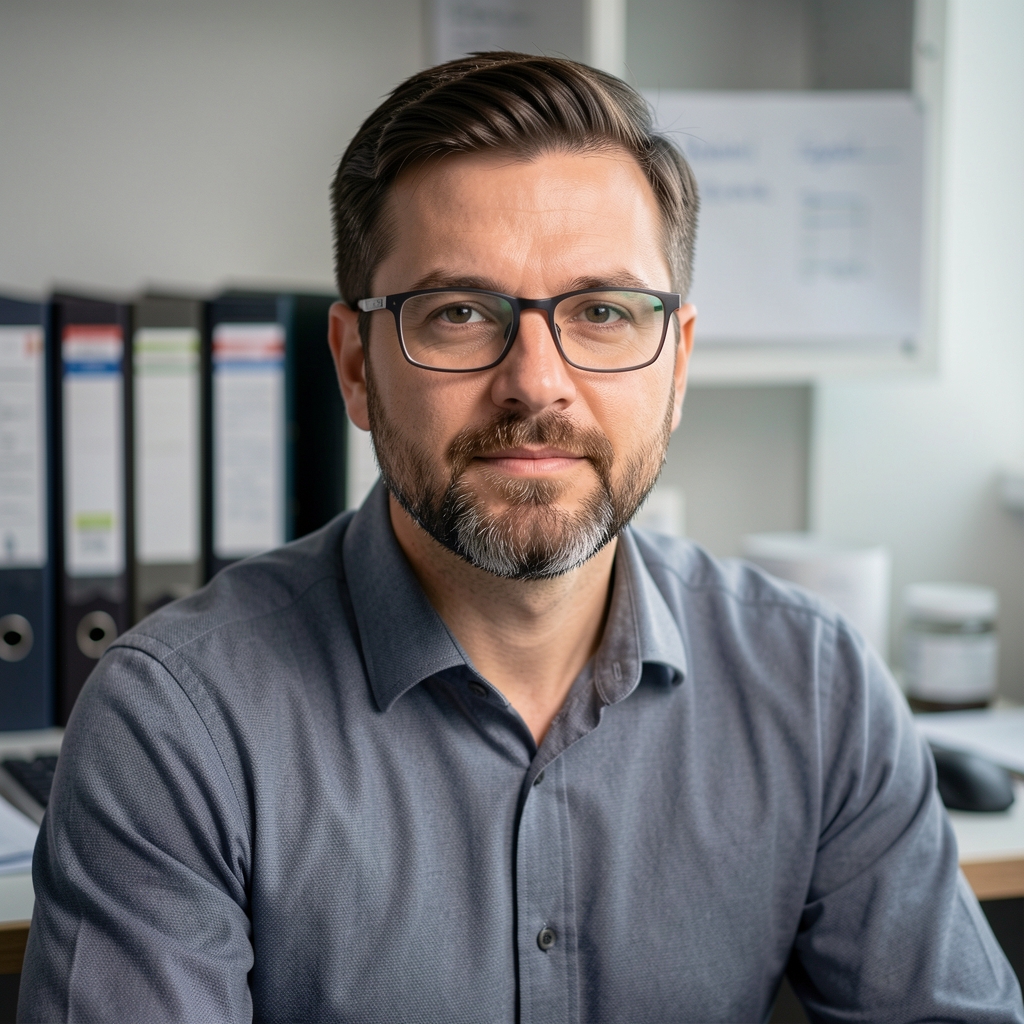 Thoughtful portrait of a man in his late 30s with a neatly trimmed beard and glasses, seated at a research desk with ingredient documentation folders visible behind him in soft studio light