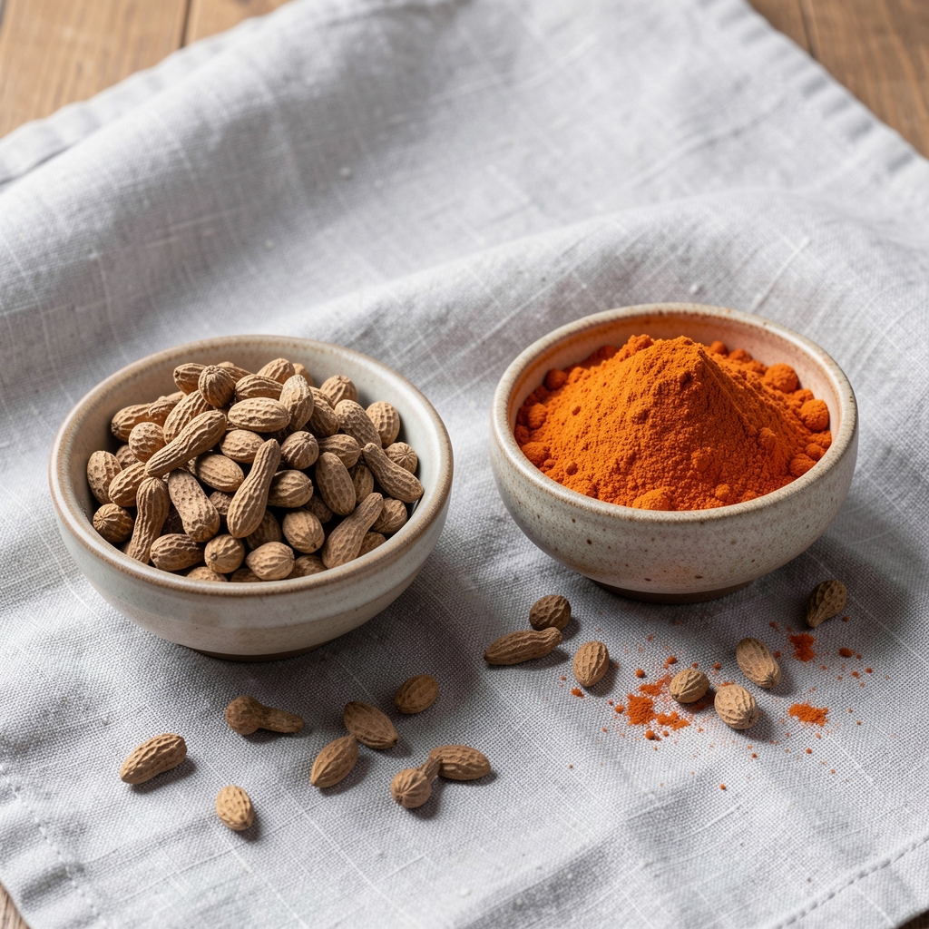 Dried ashwagandha root pieces and rhodiola rosea powder in separate ceramic bowls arranged on a pale grey linen cloth, photographed in natural daylight