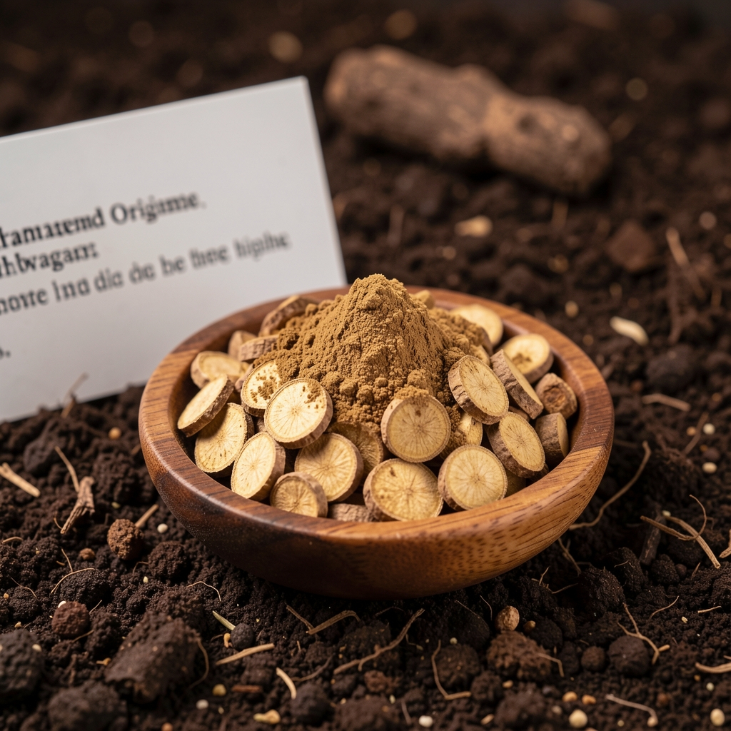 Dried ashwagandha root sections and powder in a small wooden bowl placed on a dark earthy surface, with a printed ingredient origin card visible in the background