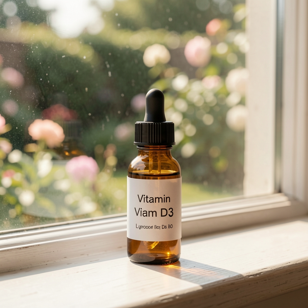 Small amber glass bottle of vitamin D3 liquid drops resting on a sunlit windowsill with a blurred garden visible through the glass in soft morning light