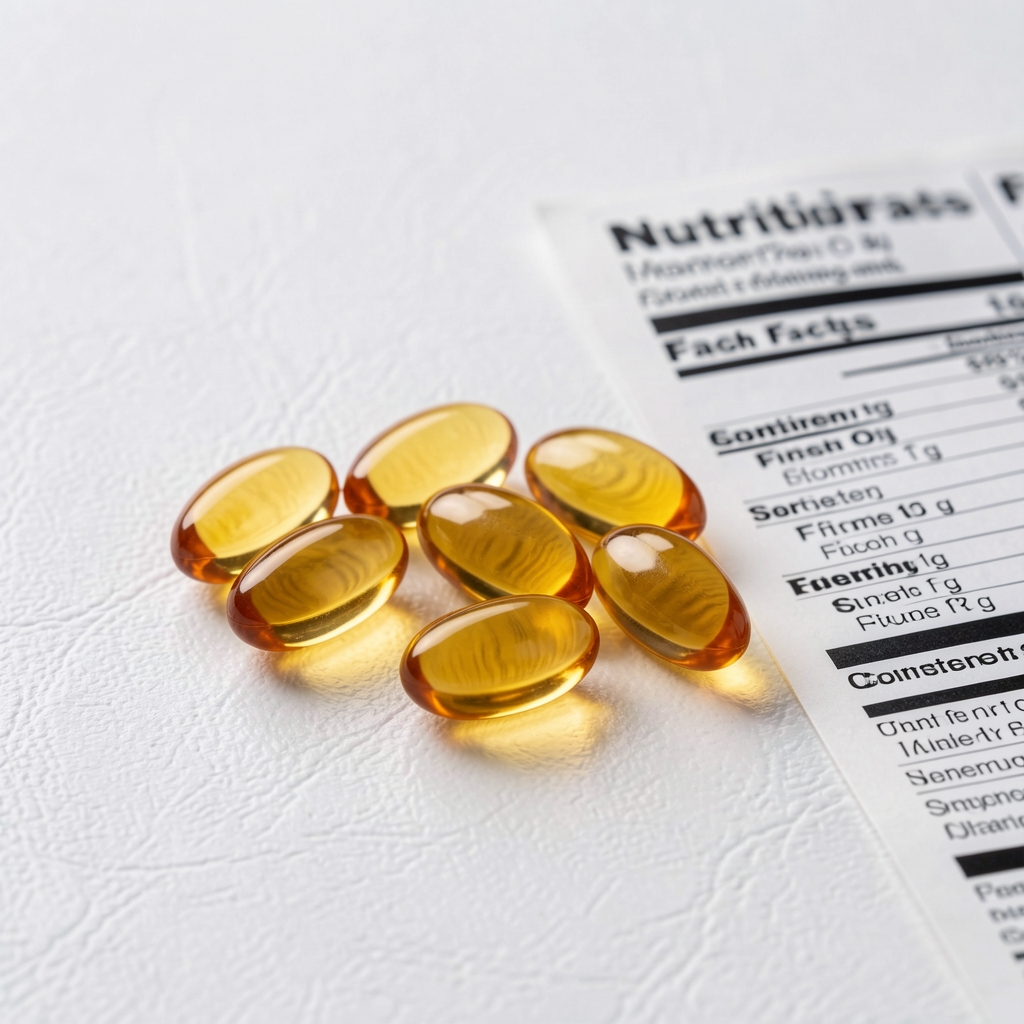 Close-up of deep gold fish oil soft-gel servings arranged on a white textured surface, with a typed nutrition facts sheet partially visible beside them