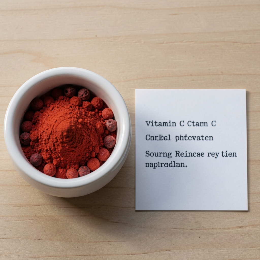 Overhead macro photograph of dried acerola cherry powder in a small white ceramic dish, beside a typed card listing the vitamin C concentration and sourcing region