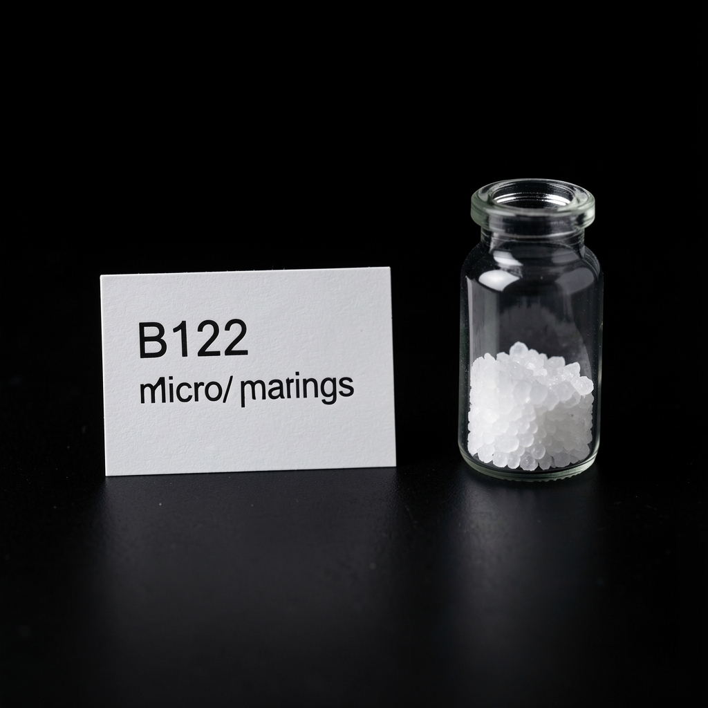 Small printed label card detailing B12 concentration in micrograms next to a tiny glass vial of methylcobalamin crystals on a black background under controlled lighting